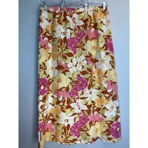 Hot Cotton Floral Linen Skirt Women's Size L Maxi‎ Pink Yellow Brown Cottagecore